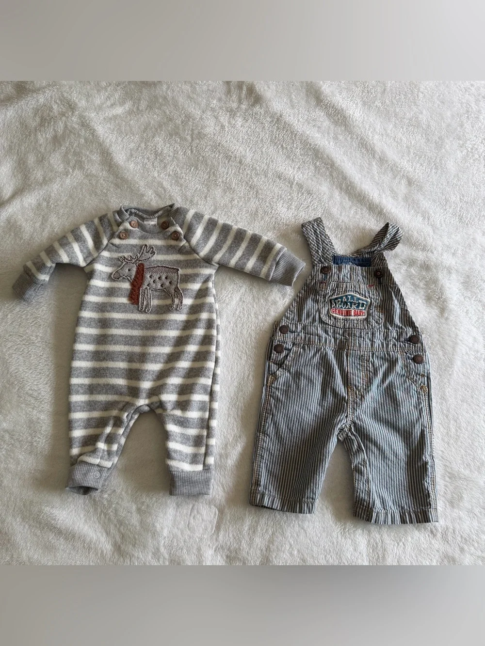 Carter's Gray & White Striped Romper with Moose + Oshkosh Overalls Set 3M